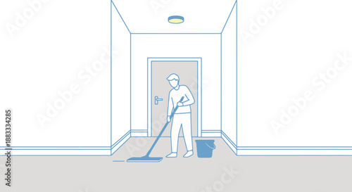 Building attendant cleans hallway floor with mop and bucket near door and overhead light fixture symbolizing building maintenance and janitorial