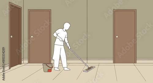 Person Cleaning Floor with Mop in Hallway Between Doors with Bucket Nearby for Household Chores and Maintenance Lifestyle Scenes