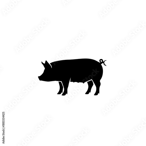 A black silhouette of a pig standing on a white background, facing left.