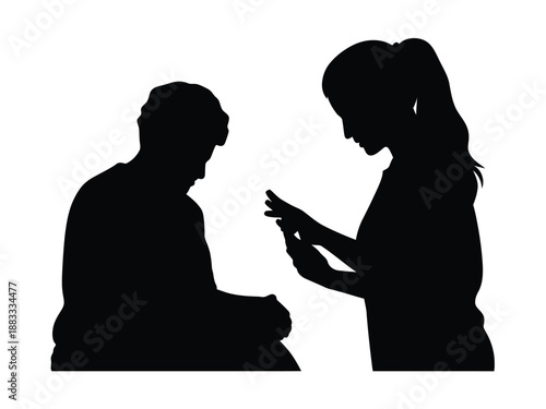 Silhouette of two people engaged in a conversation isolated on white background, Vector, illustration
