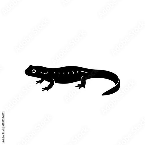 A black silhouette of a newt with its body slightly arched and its tail curved.