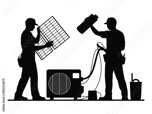 Technicians installing air conditioning unit isolated on white background, Vector, illustration