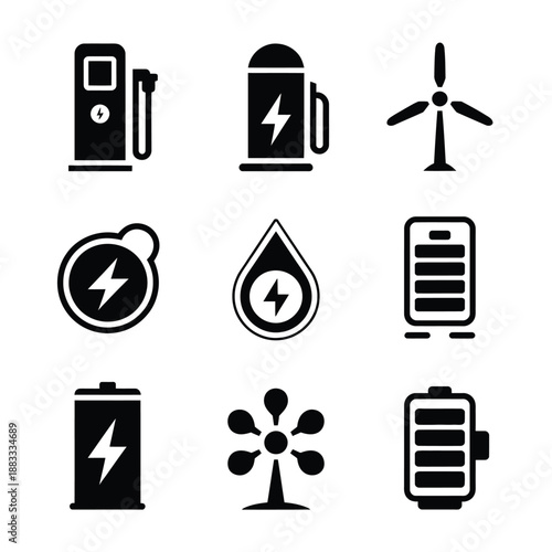 Various symbols of energy sources isolated on white background, Vector, illustration