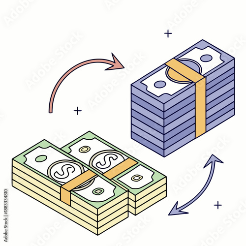 Capital flow showing currency piles exchange currency exchange