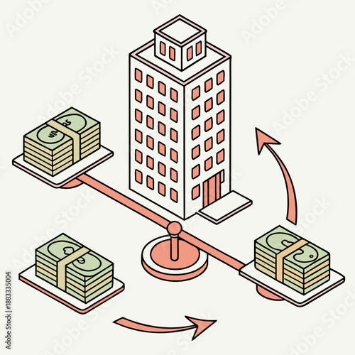 Of building balanced on seesaw with stacks of money