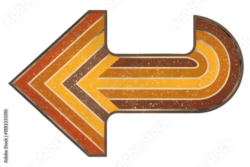 Retro 70s style striped curved arrow pointing left on transparent background