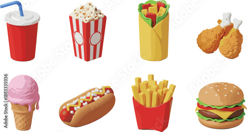 Fast Food Icon Vector Set with Burger, Fries, Hot Dog, Fried Chicken, Popcorn, Ice Cream, Soda, and Snack Illustrations for Menu and Packaging Designs
