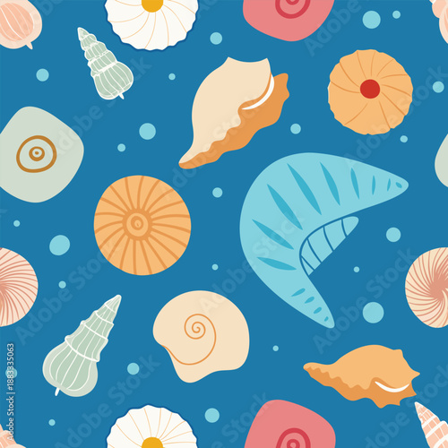 Sea shells and fossils vector seamless pattern background.