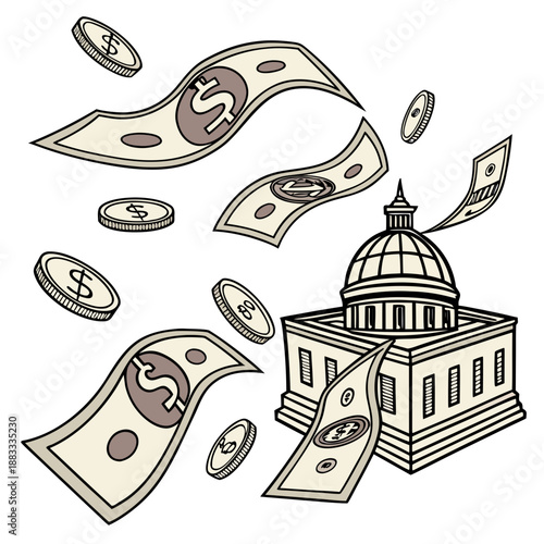 Money flying around capitol building dollars coins