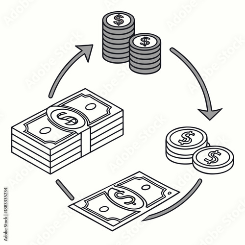 Of money circulation with coins and banknotes dollar