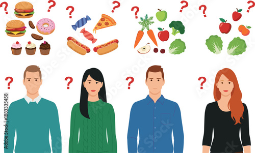 Food choice confusion illustration showing people deciding between junk food and healthy vegetables, diet questions, and nutrition concepts in flat vector style