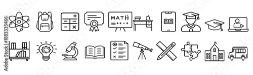 Education line icon featuring graduation cap, school building, science microscope, math blackboard, online learning, and more 20 vector set illustration with editable stroke.