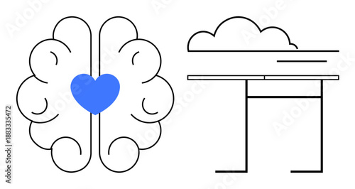 Mental health, cloud computing, wellness, technology, mindfulness, cognitive science. Minimalist brain with heart, cloud and platform symbols. Mental health and cloud computing concept