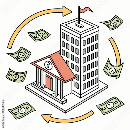 Of bank building with money circulating around dollars