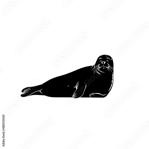 A black silhouette of a seal lying on its side with its head up and eyes closed.