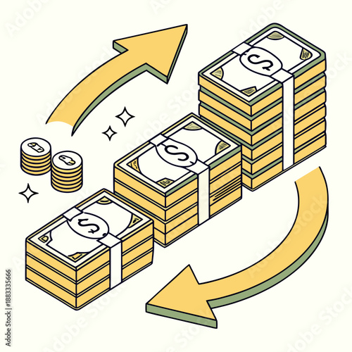 Stacks of cash with arrows indicating growth money