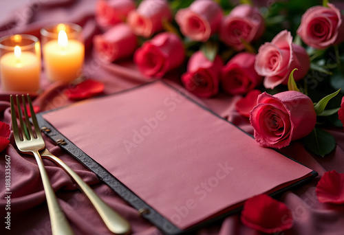 Valentine’s Day menu mockup with roses and candles, romantic atmosphere, copy space