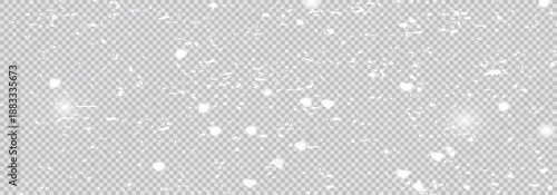 Winter snow overlay with falling snowflakes on dark transparent background - realistic white flake particles floating down. 
