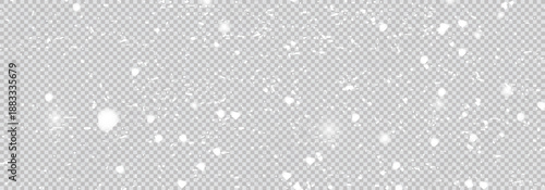 Winter snow overlay with falling snowflakes on dark transparent background - realistic white flake particles floating down. 