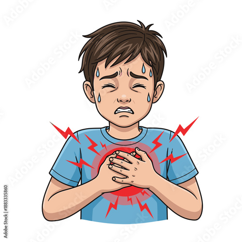 Young boy experiencing chest pain and discomfort, looking distressed and worried.