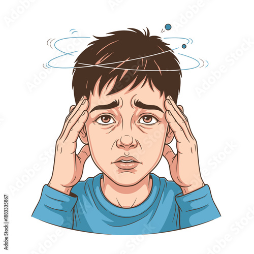 Young boy experiencing dizziness and headache, feeling unwell and holding head.