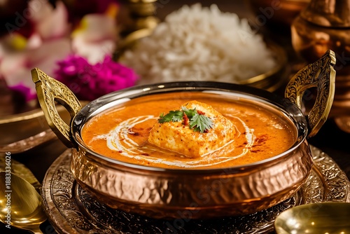 Creamy paneer makhani indian curry served in traditional copper bowl ultra hd photo
