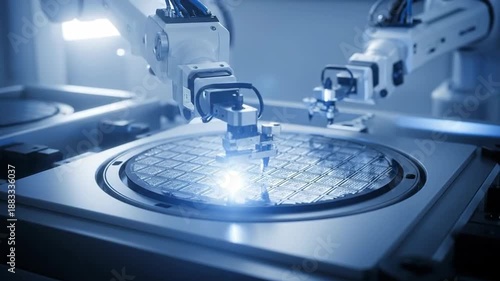 Automated robotic arms precisely handling a silicon wafer in a clean manufacturing environment.