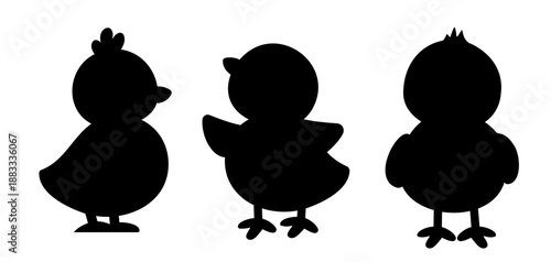 Cute Easter chick black silhouette set.
Easter baby chick flat silhouette collection.
Spring holiday chick icon vector set.
Transparent background.