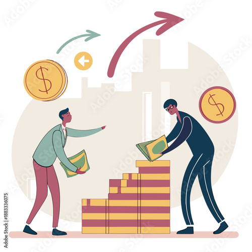 Men exchanging money to build stack of cash exchange