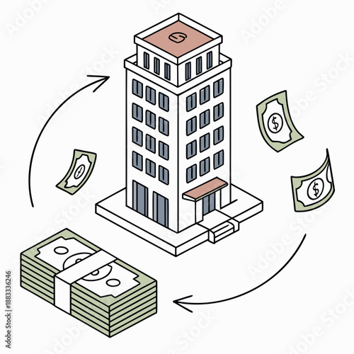 Financial building with money flying around dollars