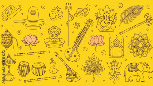 Set of Indian Culture and Religion Line Art Icons Vector