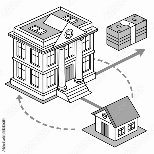Of bank building with money flowing to house finance