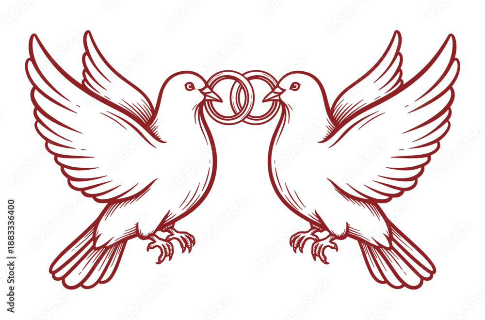 Obraz premium Wedding Dove Illustration with Interlocked Rings, Romantic Love Bird Symbol Artwork for Marriage Invitations and Designs