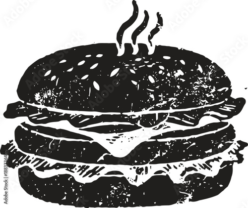 vintage illustration of a steaming cheeseburger with lettuce and sesame seed bun