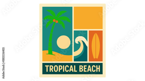 A vibrant tropical beach logo with palm tree and surfboard vector graphic