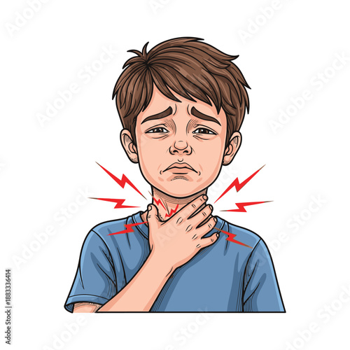 Young boy experiencing throat pain, showing discomfort and illness symptoms.