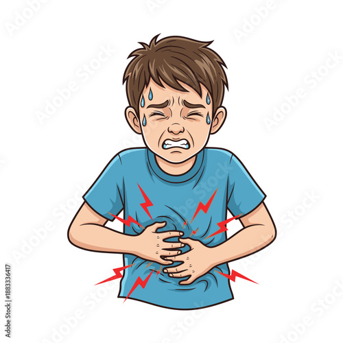 Young boy experiencing stomach pain, clutching his abdomen, showing discomfort and distress.