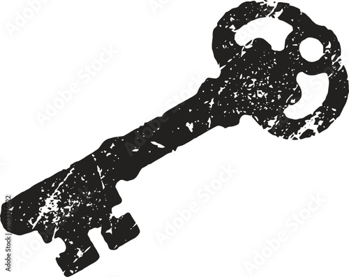 Vintage antique key silhouette with distressed texture on white background