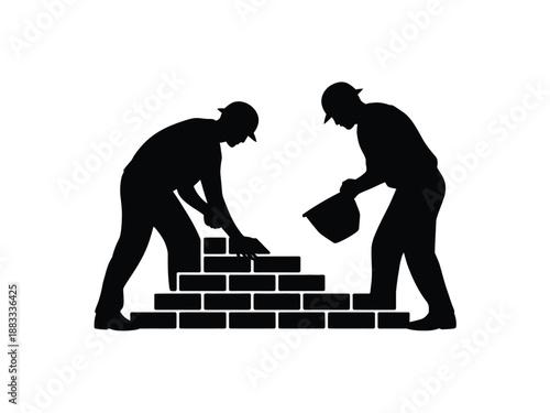 Workers laying bricks isolated on white background, Vector, illustration