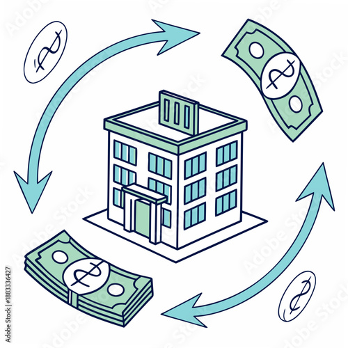 Financial system showing inbound and outbound cash flow around a building