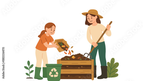 Two women composting in a garden with a recycling bin and wooden crate