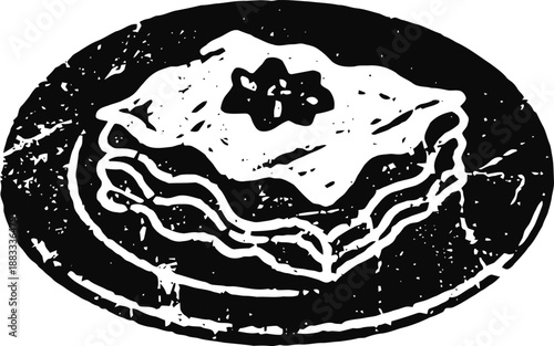 Vintage lasagna illustration with cheese and herb garnish on a round plate in black and white