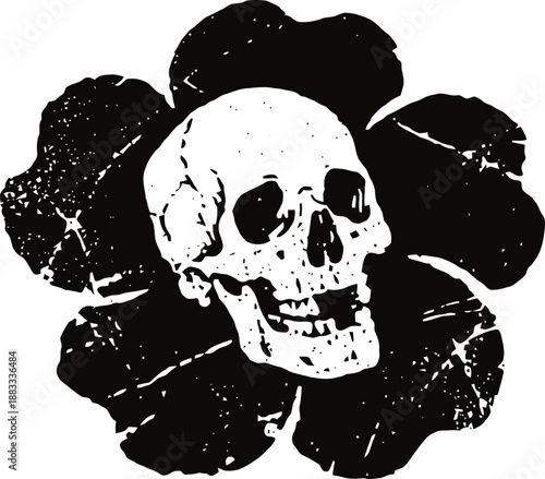 grunge skull illustration with cracked black flower background, vintage horror design