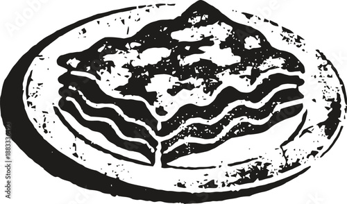 Classic italian lasagna slice served on a round plate with layers of pasta and sauce