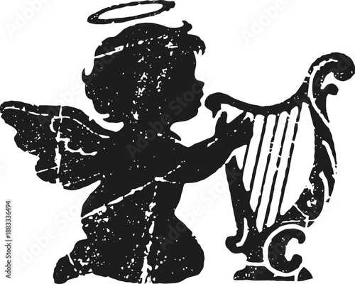Vintage silhouette of angel playing harp with halo and wings, classic religious art design