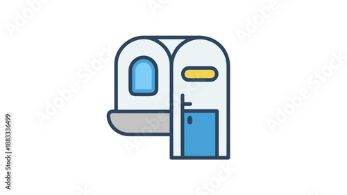 A minimalist vector graphic illustration of a small camper trailer with a blue door
