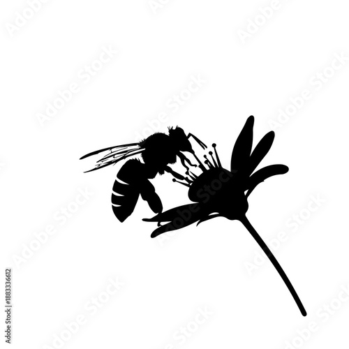 Silhouette of a bee pollinating a flower against a white background.