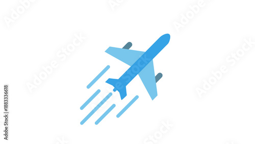 A blue airplane flying through the air with motion lines behind it