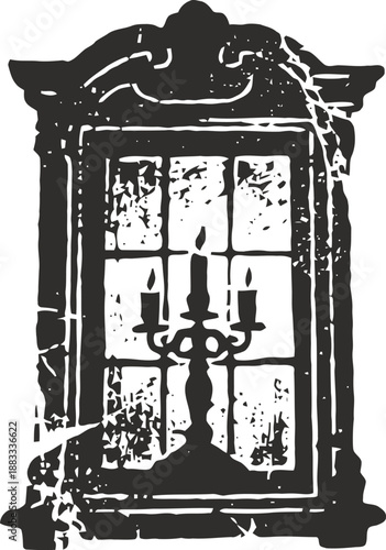 Vintage window with three candle candelabra silhouette in distressed