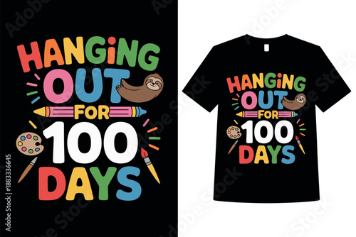 Colorful 100 Days T-Shirt Design with Sloth, Paintbrushes, and Pencils for Kids' Education